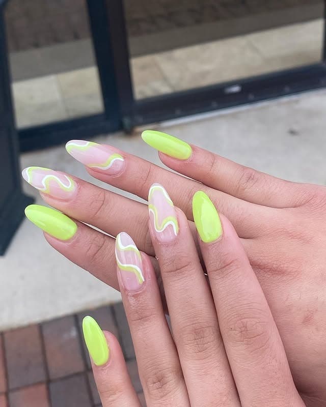 4. Neon Lime Swirl Almond Nails - short spring break nail ideas