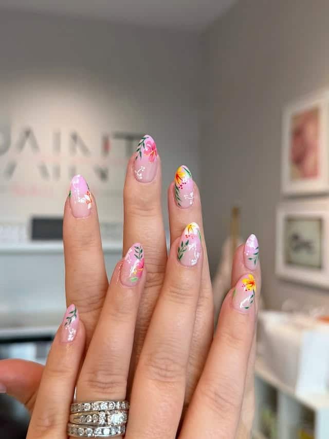10. Watercolor Floral Almond Nails - short spring break nail ideas