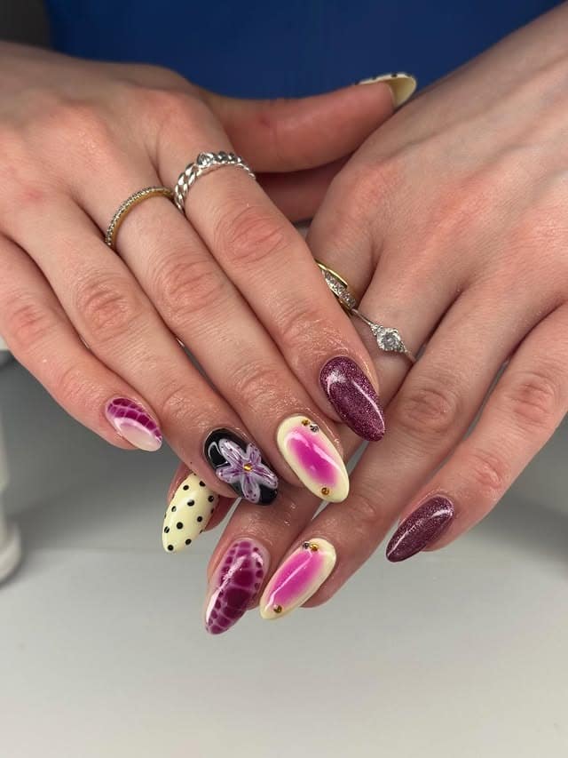 13. Berry Bloom Mixed Art Almond Nails - short spring break nail ideas