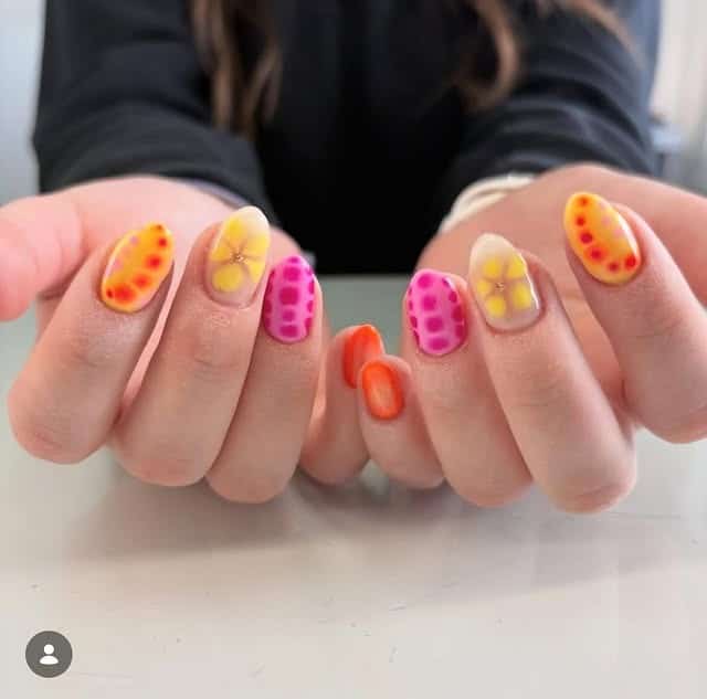 15. Neon Sunset Floral Short Nails - short spring break nail ideas