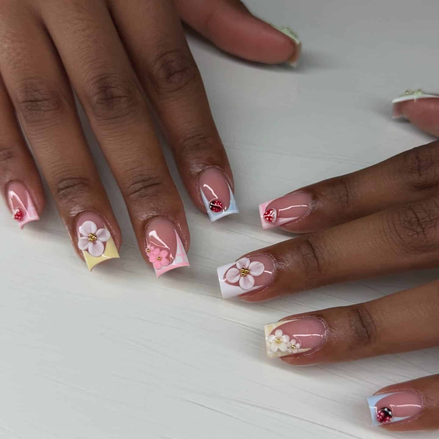 19. Pastel Garden French Square Nails - short spring break nail ideas
