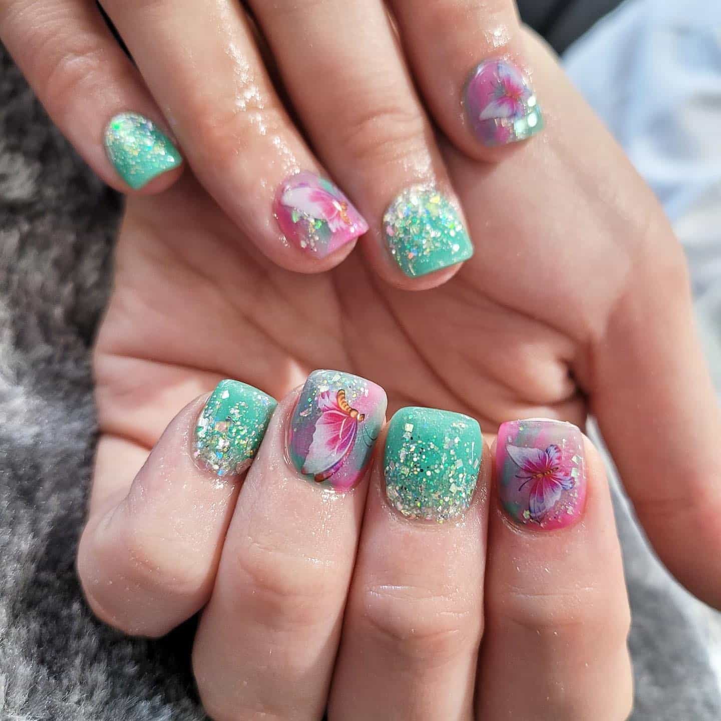 21. Mermaid Butterfly Glitter Short Square Nails - short spring break nail ideas