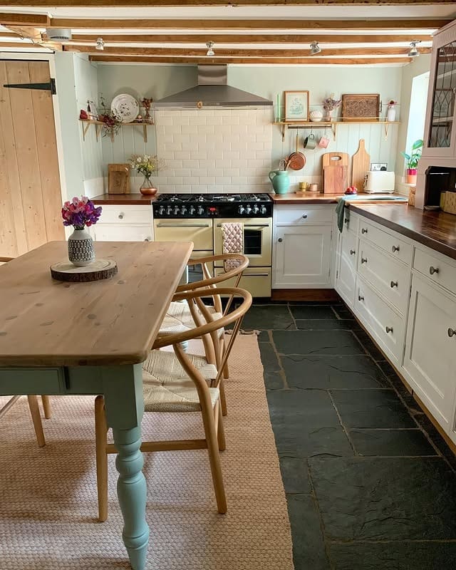 5. Rustic White and Wood Cottage Kitchen with Slate Flooring - cottage kitchen ideas