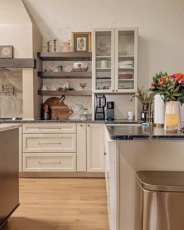 7. Cream and Charcoal Cottage Kitchen with Open Shelving - cottage kitchen ideas