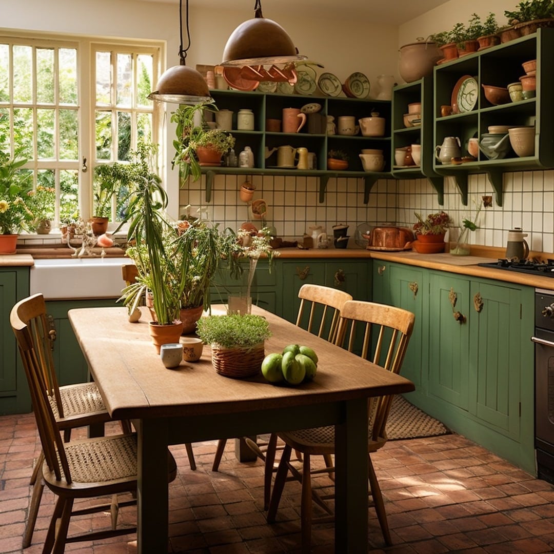 16. Botanical Green Cottage Kitchen with Natural Wood Tones - cottage kitchen ideas