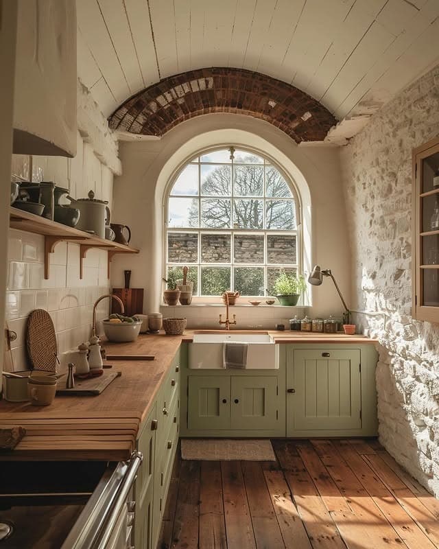 17. Sage Green Cottage Kitchen with Stone Wall Character - cottage kitchen ideas