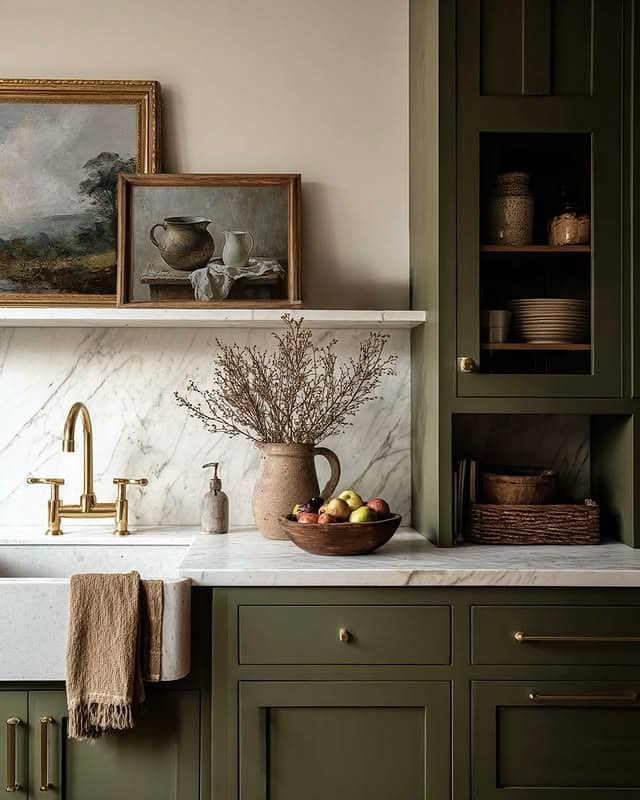 18. Deep Olive Green Cottage Kitchen with Marble Accents - cottage kitchen ideas