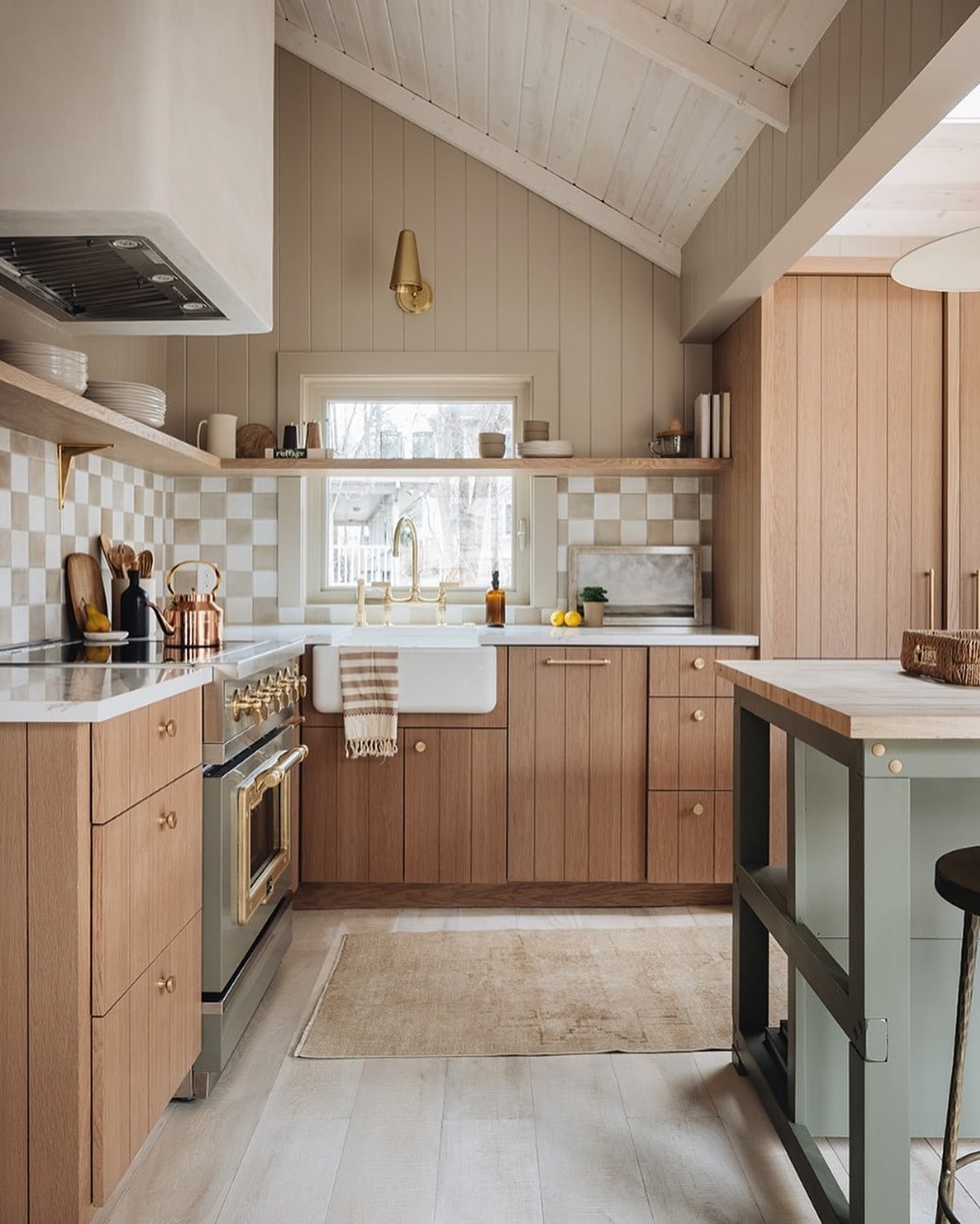 19. Warm Wood and Sage Cottage Kitchen with Checkerboard Backsplash - cottage kitchen ideas