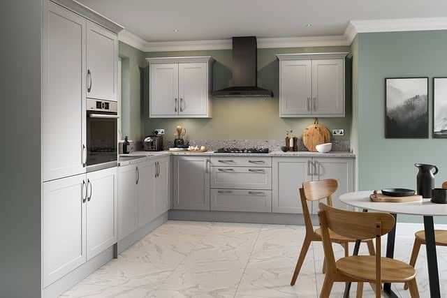 11. Light Grey Shaker Kitchen With Sage Green Walls - light grey kitchen ideas