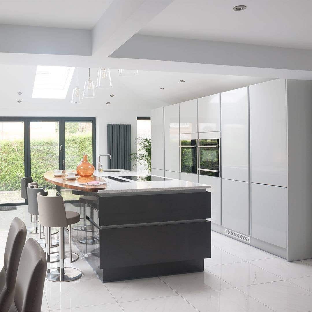 14. Modern Light Grey and White Kitchen With Statement Island - light grey kitchen ideas