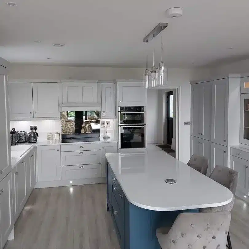 15. Light Grey Kitchen With Blue Island Accent - light grey kitchen ideas