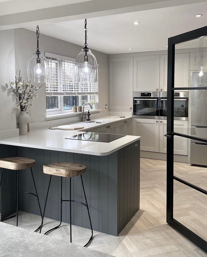 17. Light Grey Kitchen With Charcoal Panelled Island - light grey kitchen ideas
