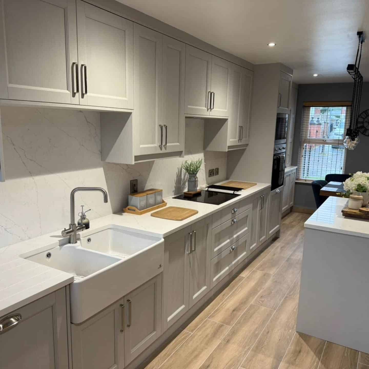 18. Taupe Grey Shaker Kitchen With Farmhouse Sink - light grey kitchen ideas