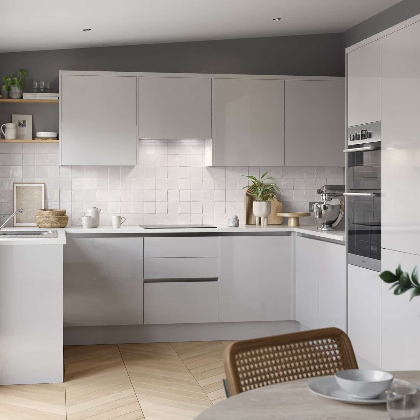 22. Gloss Light Grey Kitchen With Textured Tile Backsplash - light grey kitchen ideas