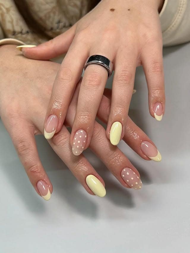 4. Butter Yellow French Tip and Polka Dot Nails - yellow nail ideas