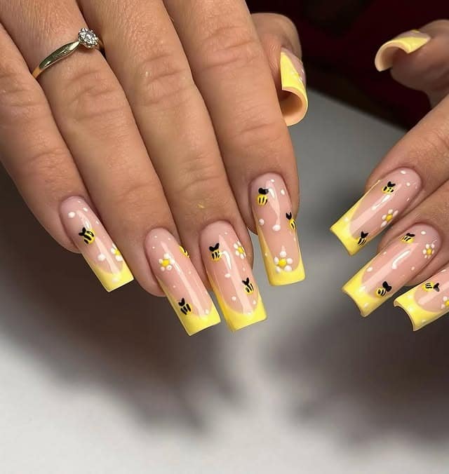 8. Yellow Bee and Daisy French Tip Coffin Nails - yellow nail ideas