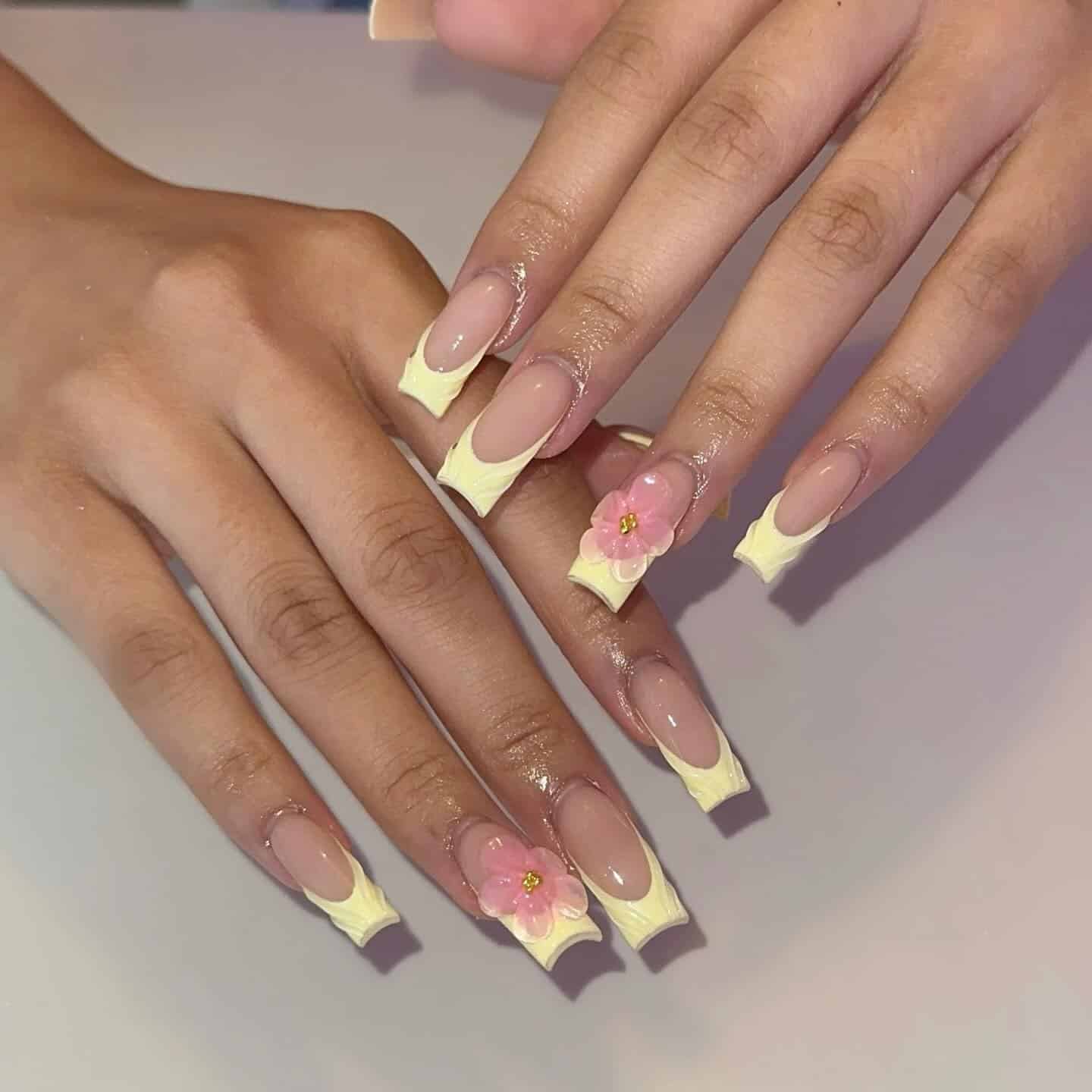 13. Pastel Yellow 3D Flower French Square Nails - yellow nail ideas