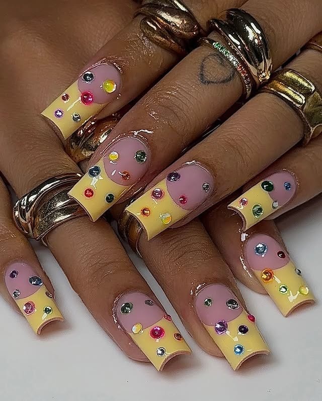 15. Yellow and Pink Rhinestone Square Nails - yellow nail ideas