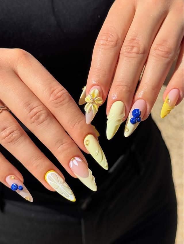 17. Lemon-Inspired 3D Yellow Almond Nails - yellow nail ideas
