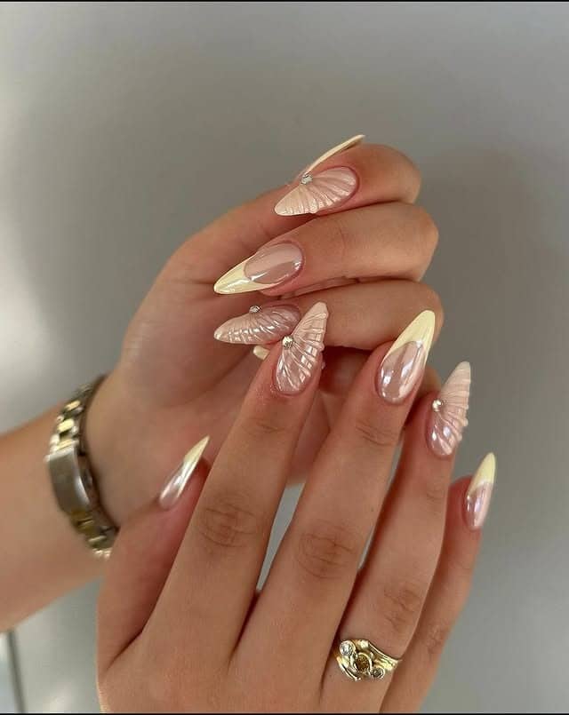 21. Pearl Yellow French Tip 3D Butterfly Stiletto Nails - yellow nail ideas