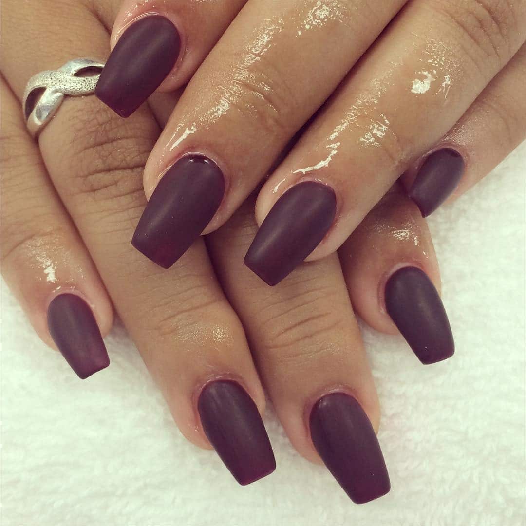 10. Matte Mulberry Coffin Nails - dark red coffin nail ideas