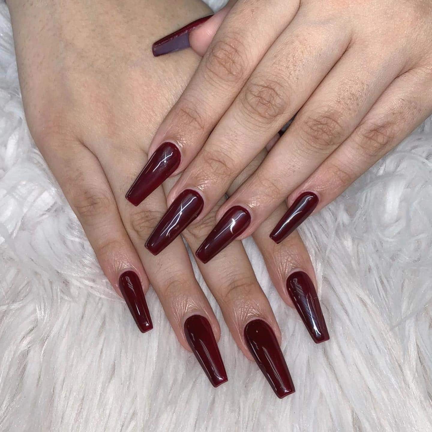 13. Deep Burgundy Long Coffin Nails - dark red coffin nail ideas