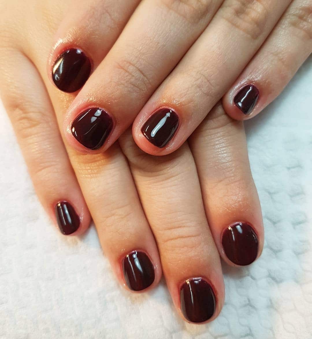 17. Dark Wine Short Rounded Nails - dark red coffin nail ideas