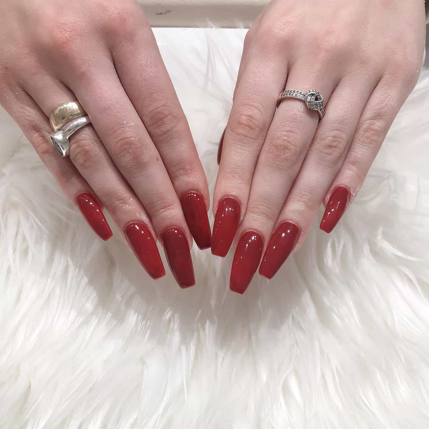 20. Soft Cranberry Red Coffin Nails - dark red coffin nail ideas