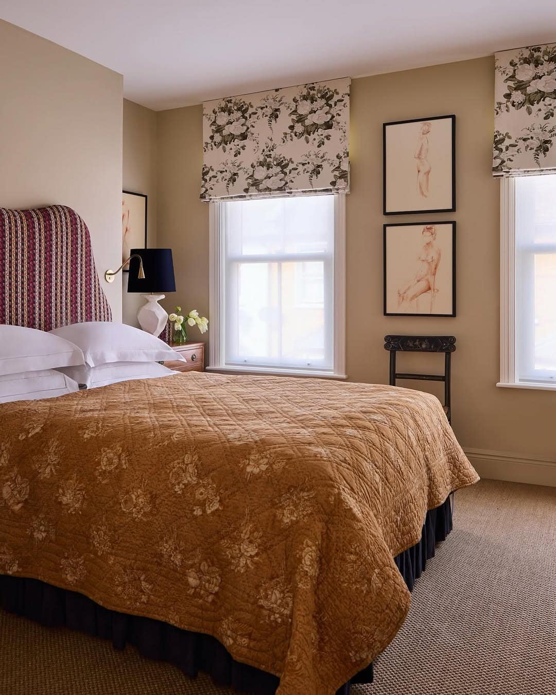 3. Camel and Cream Vintage-Inspired Bedroom Design - neutral bedroom ideas