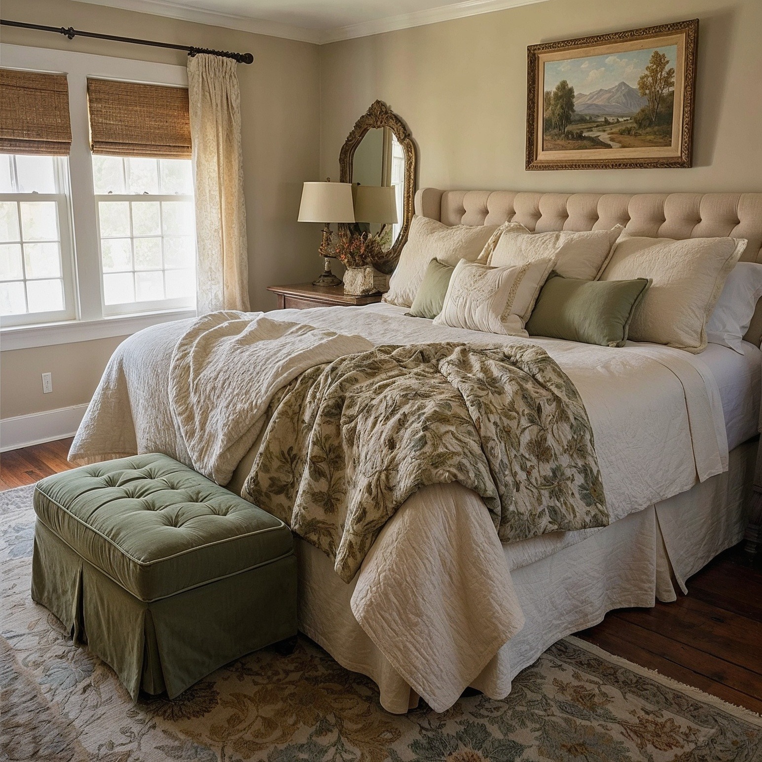 4. Sage Green and Linen Traditional Bedroom Charm - neutral bedroom ideas