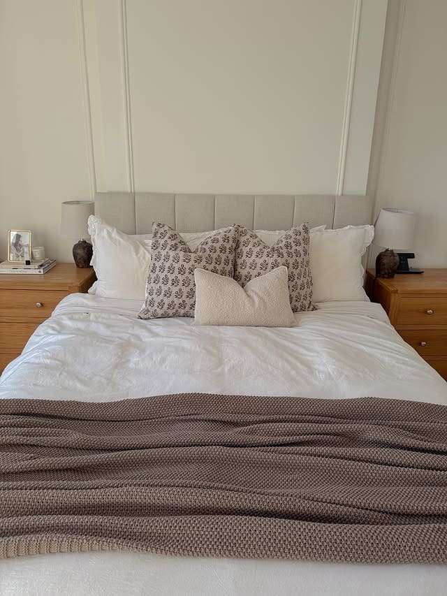 13. Taupe and White Minimalist Layered Bedroom - neutral bedroom ideas