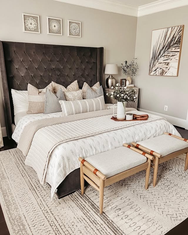 15. Charcoal and Linen Elegant Contrast Bedroom - neutral bedroom ideas
