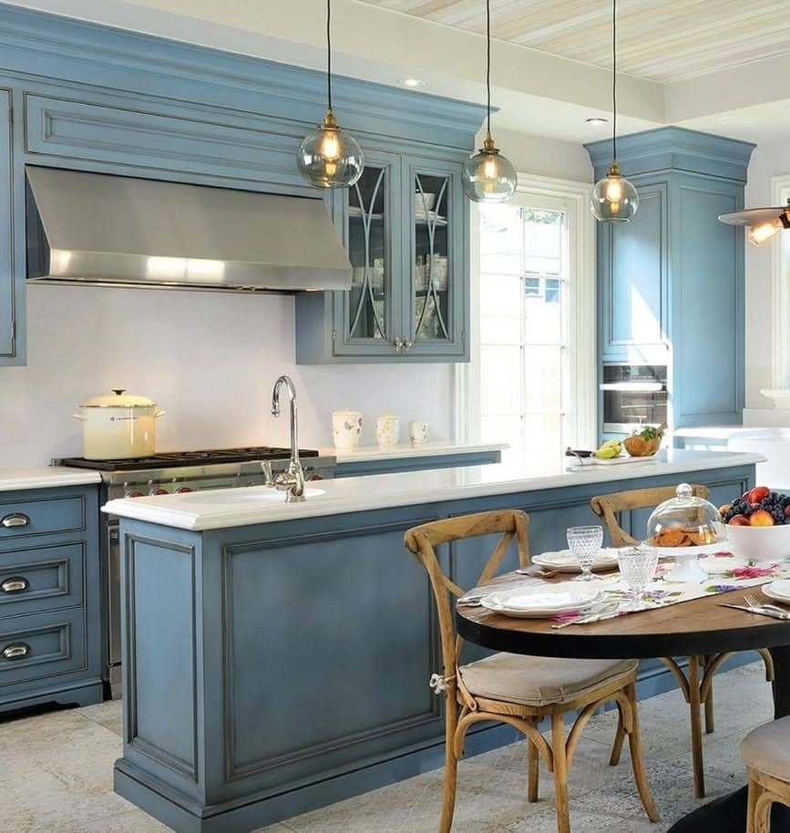 3. Soft French Blue Kitchen Cabinets with Classic White Countertops - blue kitchen cabinets ideas
