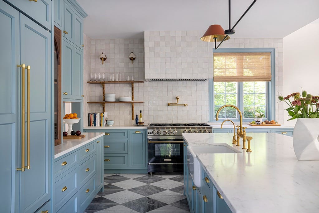 14. Sky Blue Kitchen Cabinets with Brass Accents and Checkerboard Flooring - blue kitchen cabinets ideas