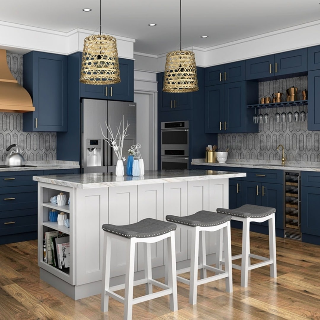 15. Navy Blue Kitchen Cabinets with Woven Pendant Lighting - blue kitchen cabinets ideas
