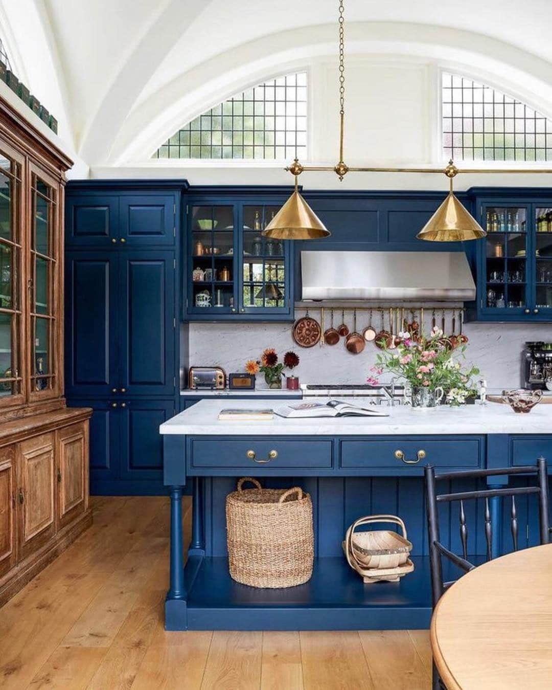 16. Heritage Blue Kitchen Cabinets with Traditional Brass Details - blue kitchen cabinets ideas