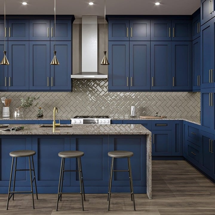 17. Sapphire Blue Kitchen Cabinets with Contemporary Herringbone Backsplash - blue kitchen cabinets ideas