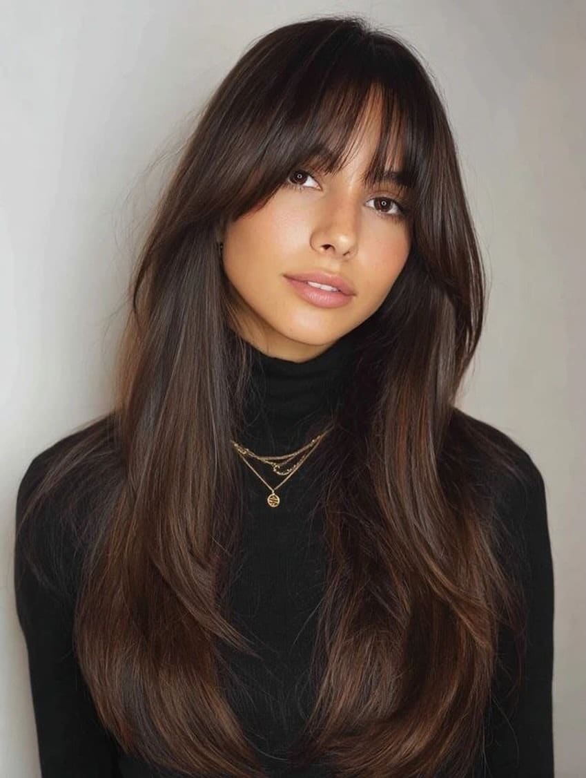 8. Mocha Brown Hair with Long Wispy Bangs - Wispy Bangs For Thin Hair