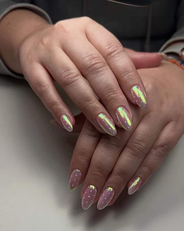 5. Pink Chrome Polka Dot Almond Nails - chrome nail ideas