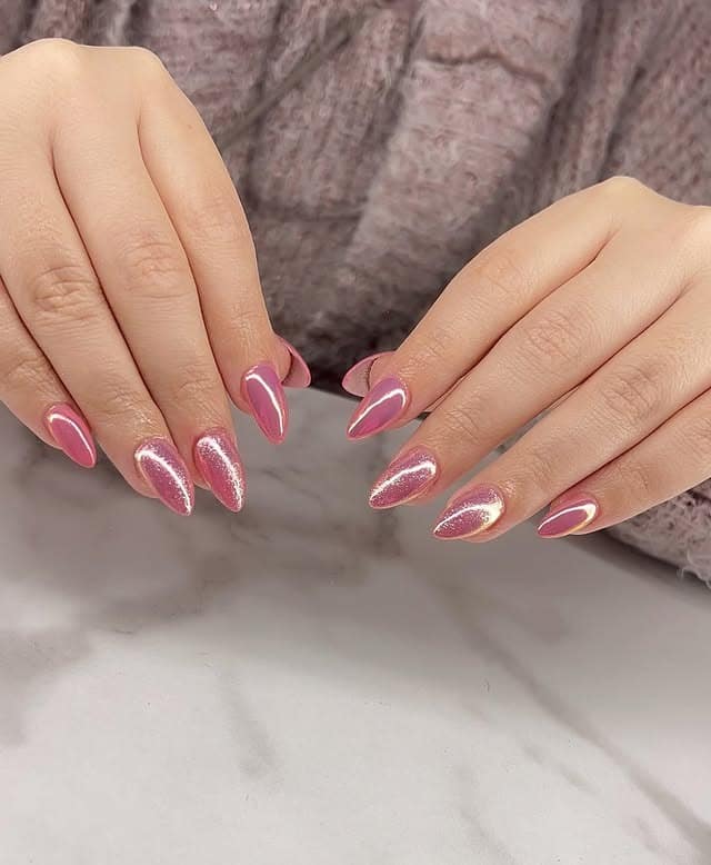 8. Rose Chrome Cat Eye Stiletto Nails - chrome nail ideas