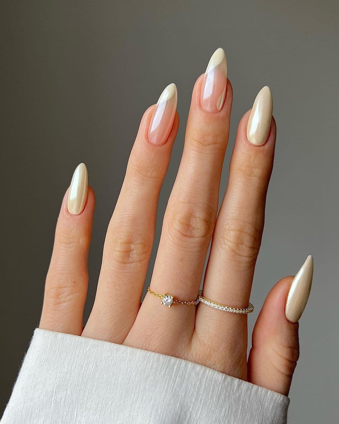 11. Pearl Chrome French Almond Nails - chrome nail ideas