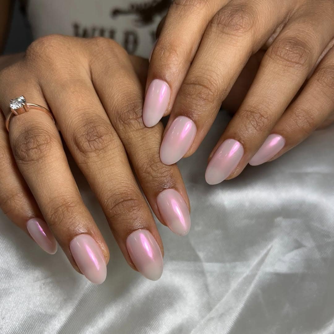 12. Baby Pink Aurora Chrome Oval Nails - chrome nail ideas