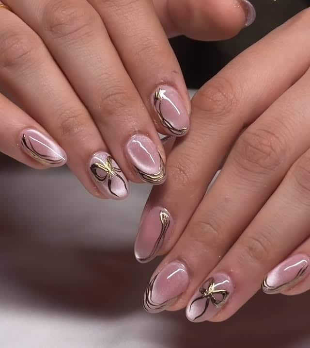13. Blush Chrome Ribbon Art Almond Nails - chrome nail ideas