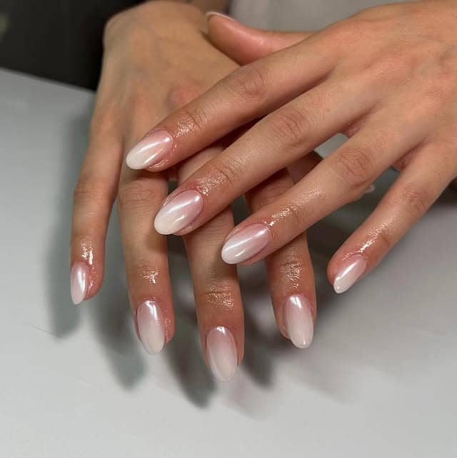 14. Milky White Chrome Ombre Almond Nails - chrome nail ideas