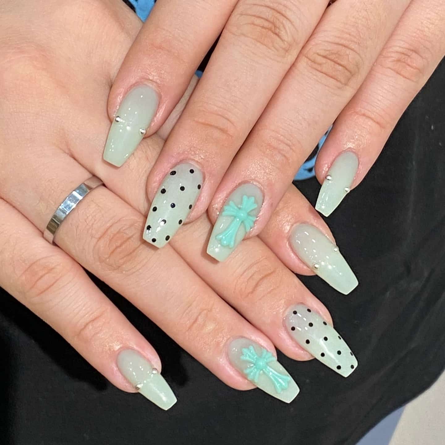 18. Sage Green Bow Accent Chrome Coffin Nails - chrome nail ideas