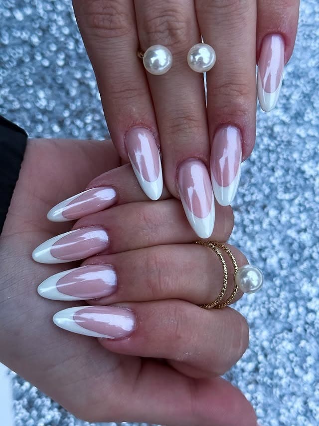 19. Classic White French Chrome Almond Nails - chrome nail ideas