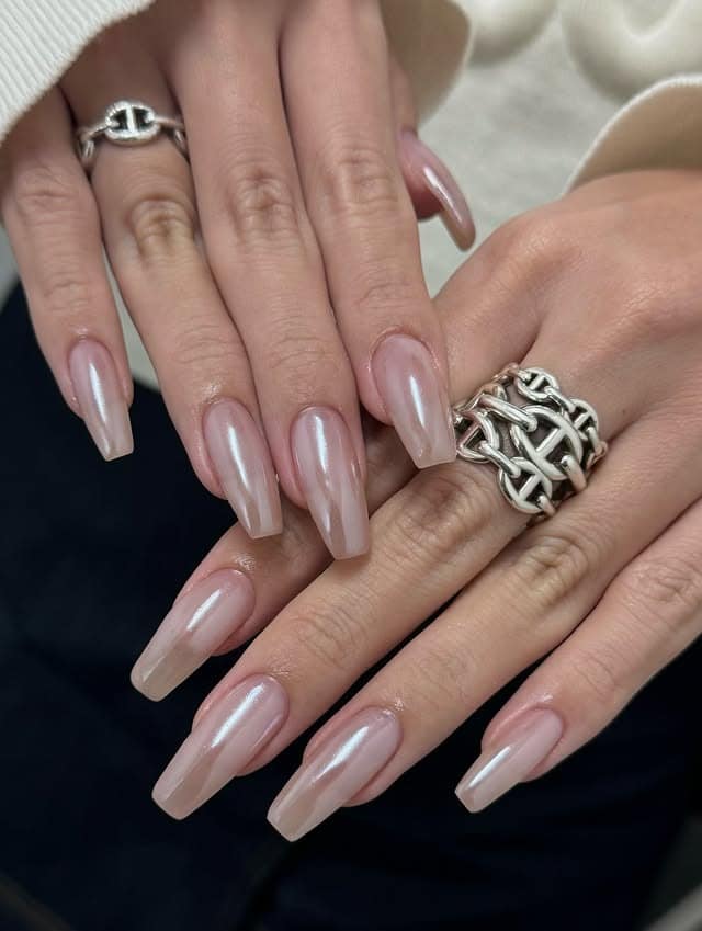 21. Milky Nude Pearl Chrome Coffin Nails - chrome nail ideas
