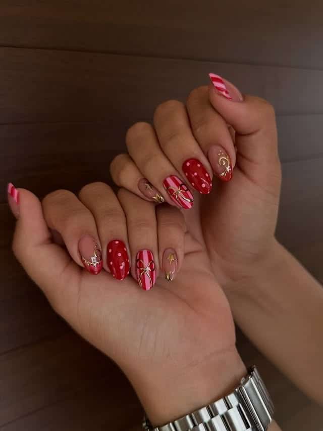 3. Cherry Red Gift Wrap Nails with Gold Details - cute short nail ideas