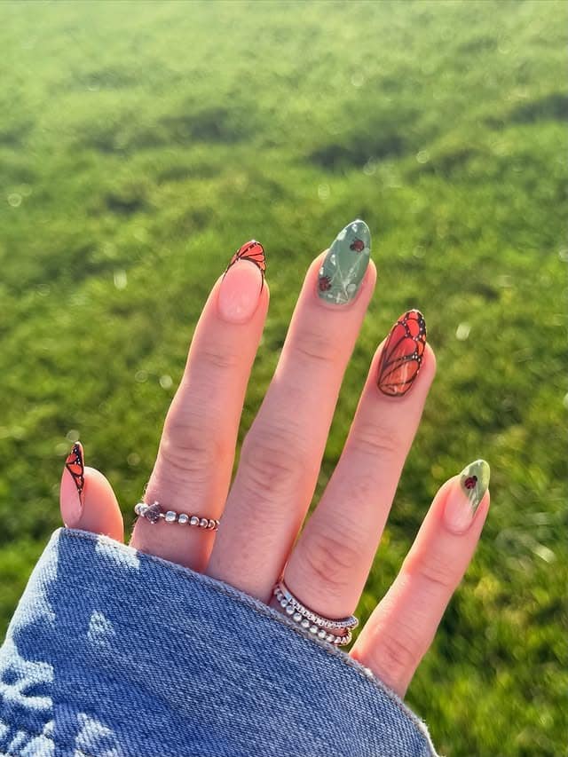 6. Monarch Butterfly and Sage Green Nature Nails - cute short nail ideas