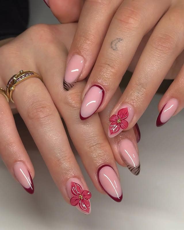 7. Burgundy Outline French Nails with Floral Art - cute short nail ideas